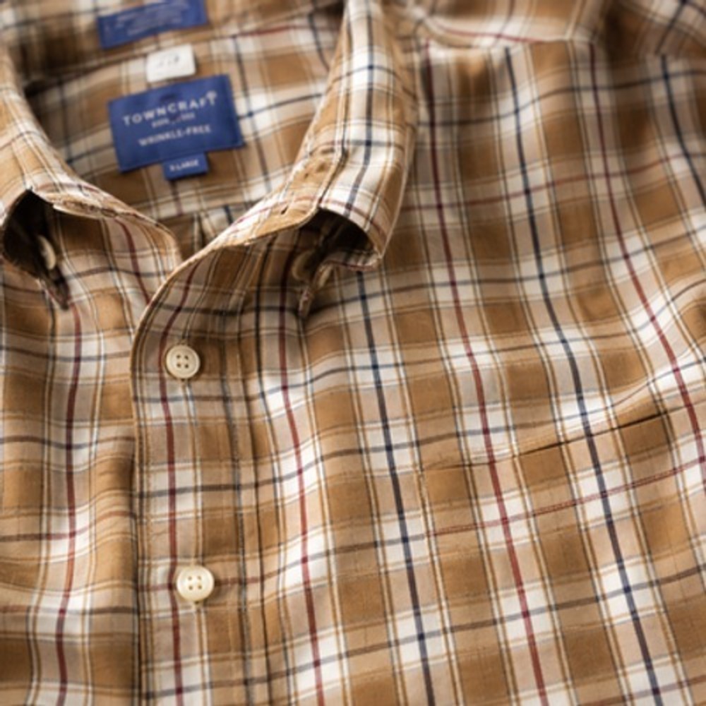TownCraft Shirt Mens XL Brown Plaid Wrinkle Free Non Iron Button Up Casual